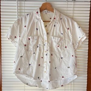 Madewell White Button-Up Shirt with Red & Navy Embroidery